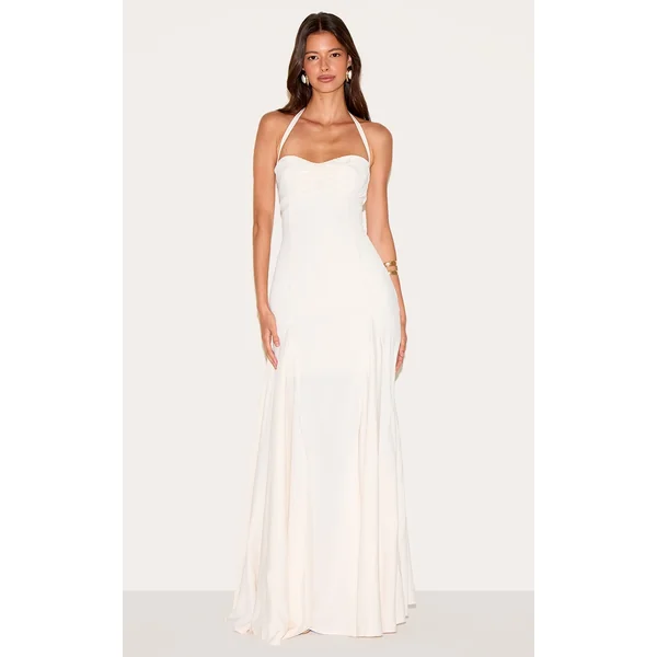 Cream Woven Halterneck Ruched Bust Detail Maxi Dress