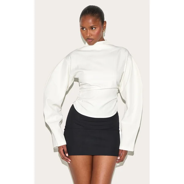 Cream Woven Highneck Fitted Top