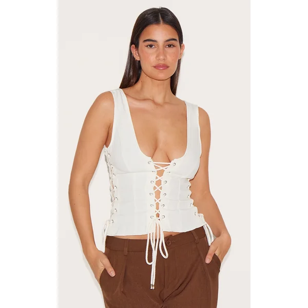 Cream Woven Lace Up Detail Plunge Sleeveless Top
