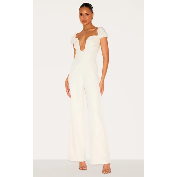 Cream Woven Plunge Straight Leg Jumpsuit
