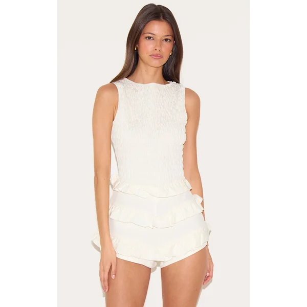 Cream Woven Shirred Boat Neck Romper