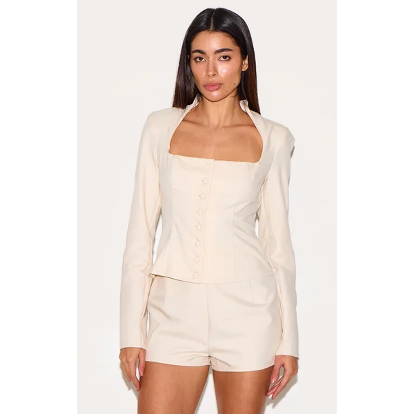 Cream Woven Square Neck Button Detail Romper