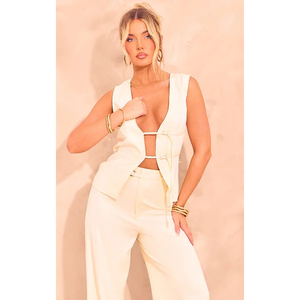 Cream Woven Tailored Belt Detail Vest