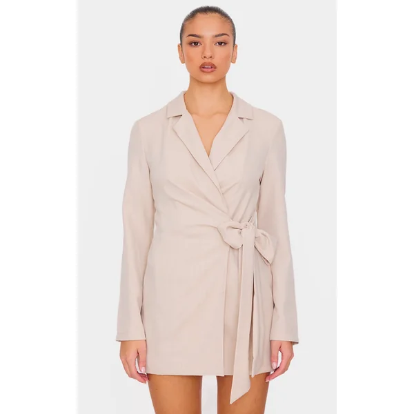 Cream Woven Tie Wrap Blazer Dress