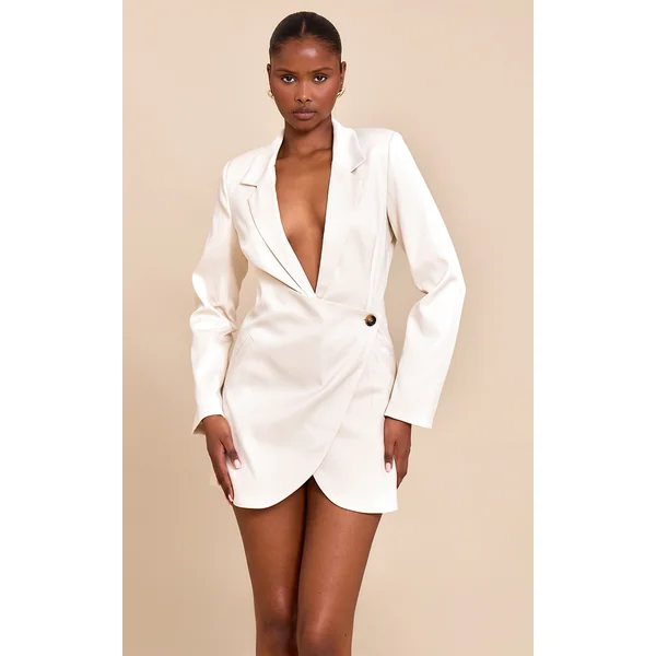 Cream Woven Wrap Skirt Blazer Dress