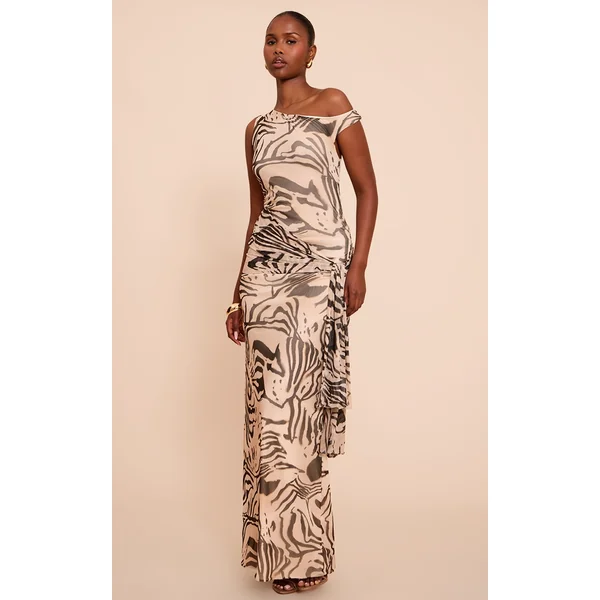 Cream Zebra Print Mesh Asymmetric Neckline Maxi Dress