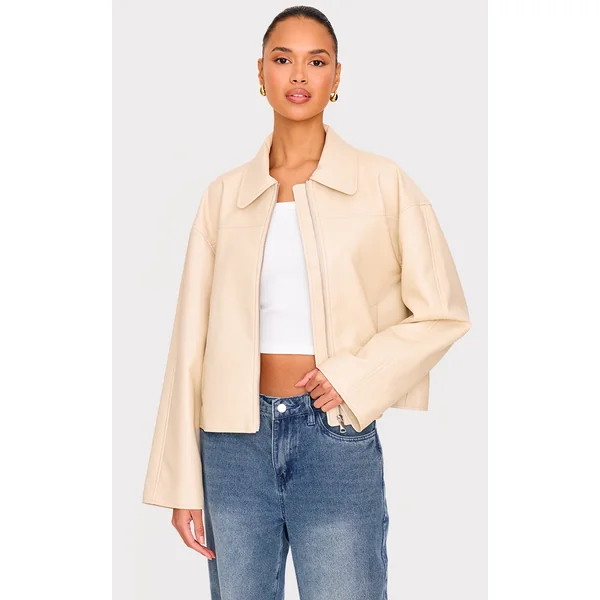 Cream Zip Through PU Jacket