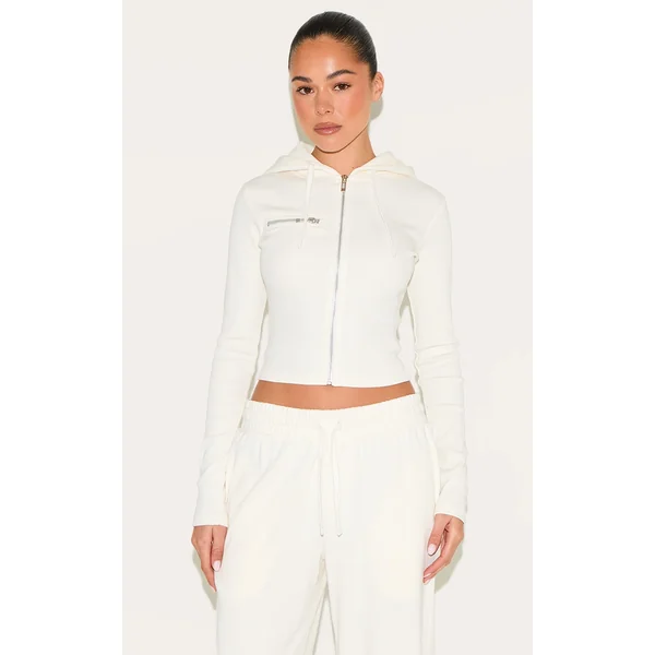 Cream Zip Up Ribbed Track Top