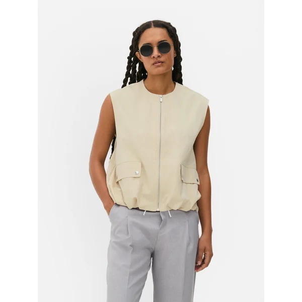 Crew Neck Zip-Up Vest - Stone