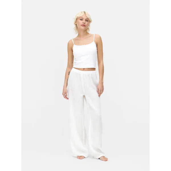 Crinkle Wide Leg Pajama Pants - White