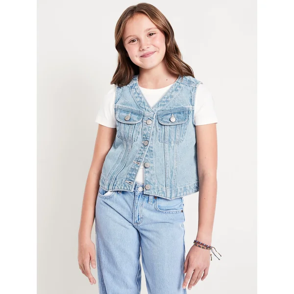 Cropped Button-Front Jean Vest for Girls - Light Wash