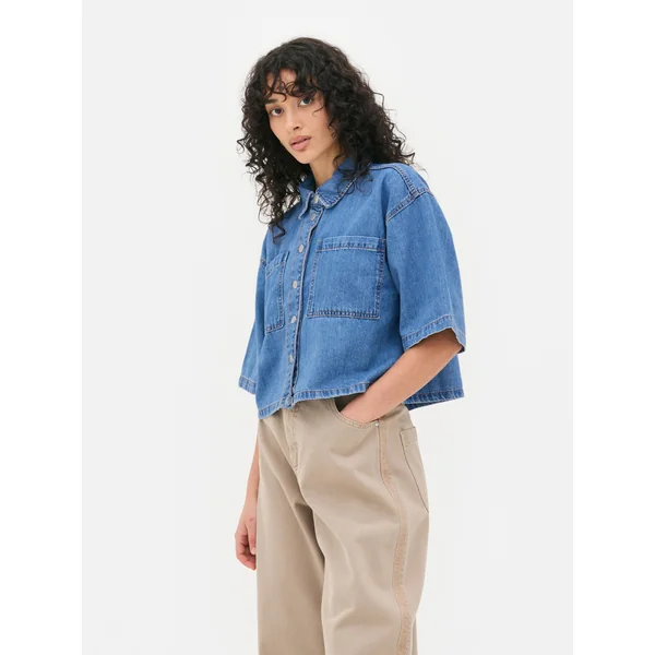 Cropped Denim Shirt - Mid Blue