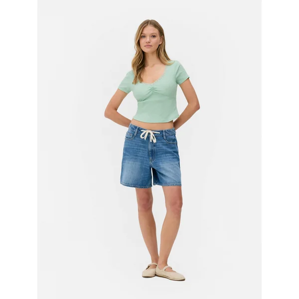 Cropped Lace Trim Tee - Green