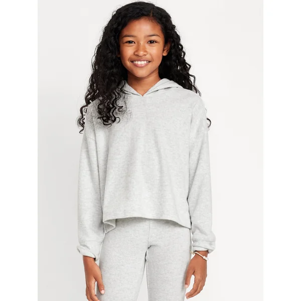 Cropped Plush Ribbed Hoodie for Girls - Light Heather Gray
