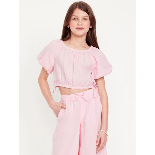 Cropped Short Puff-Sleeve Double-Weave Top for Girls - Oleander