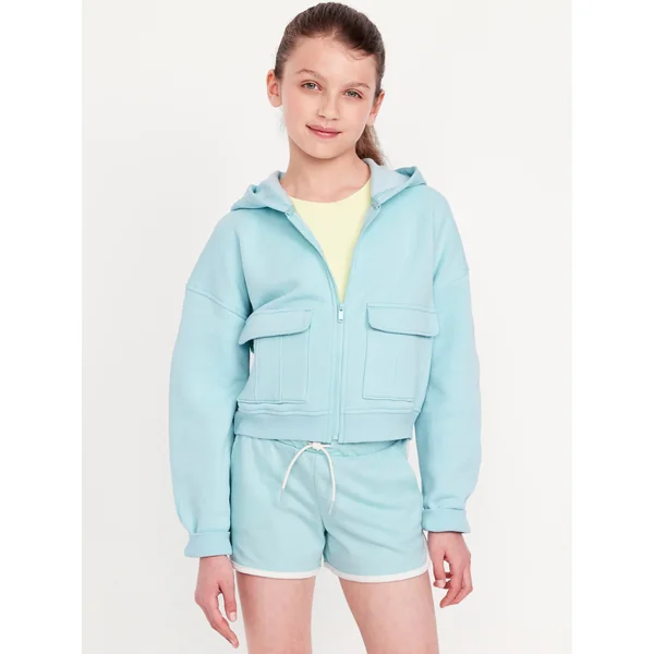 Cropped Zip-Front Cargo Pocket Hoodie for Girls - Ceramic Blue
