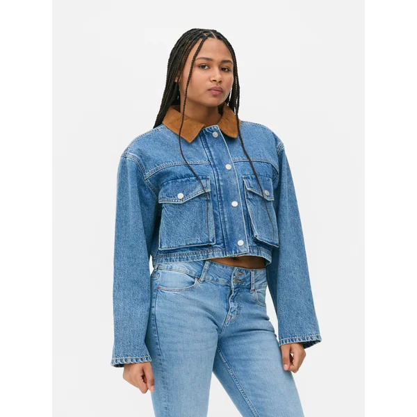 Cropped Zip-Up Denim Jacket - Mid Blue