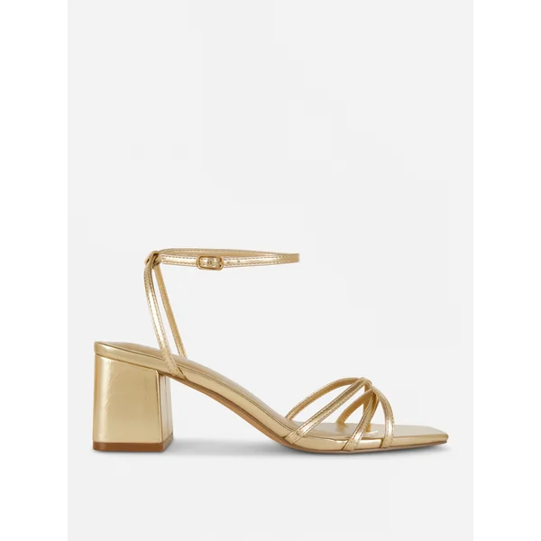 Cross Strap Block Heel Sandals - Gold