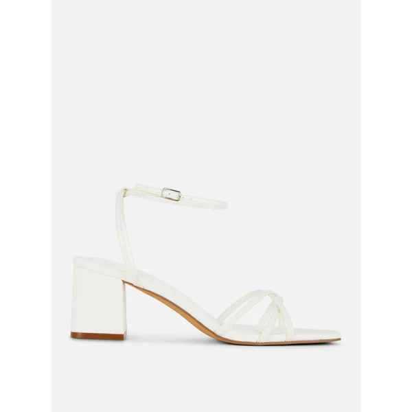 Cross Strap Block Heel Sandals - White
