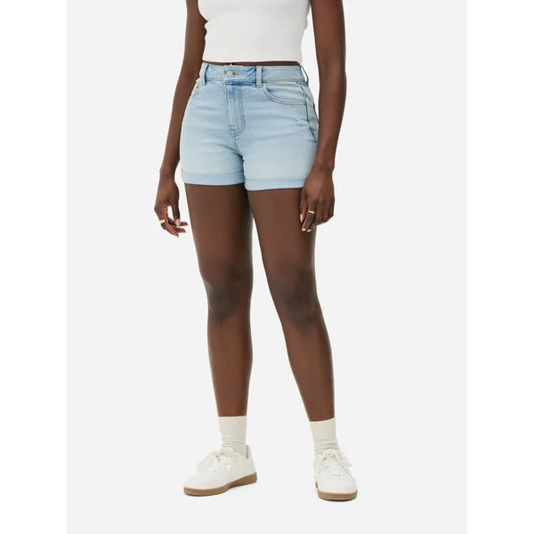 Cuffed Denim Shorts - Light Blue