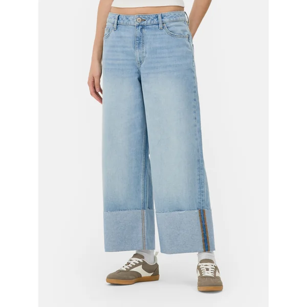 Cuffed Straight Leg Jeans - Light Blue