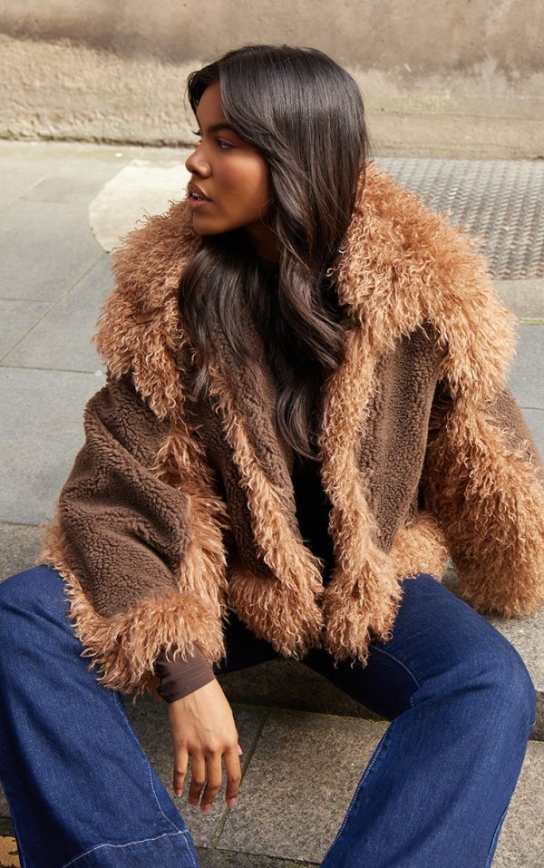 Brown Faux Fur Contrast Teddy Aviator Jacket
