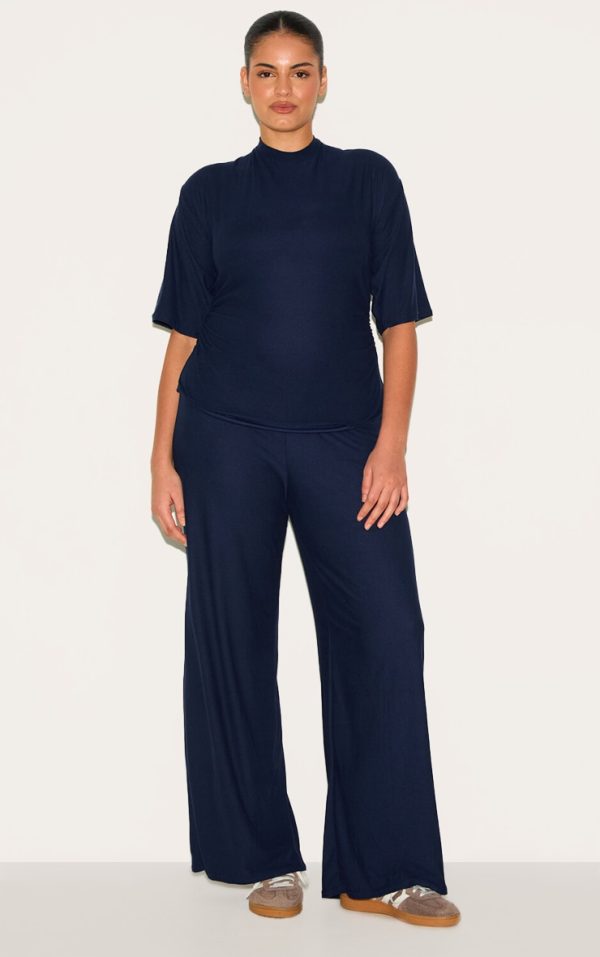 Plus Navy Soft Touch Mid Rise Wide Leg Pants