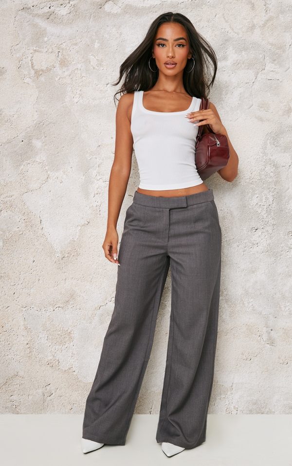 Petite Premium Grey Woven Low Rise Wide Leg Pants