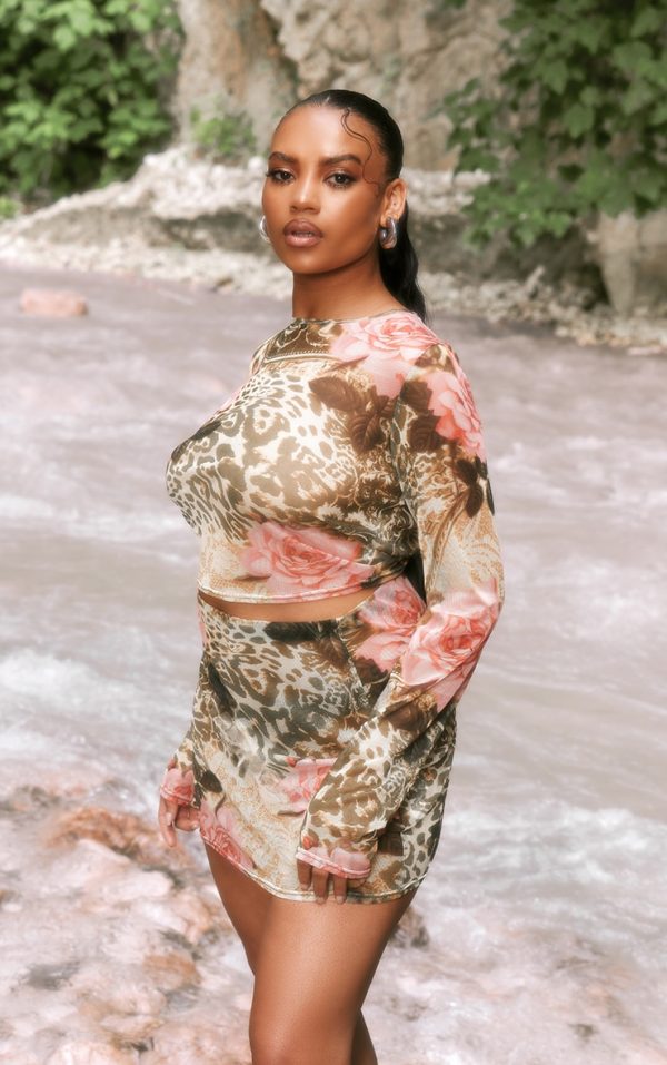 Plus Green Leopard Print Mesh Long Sleeve Crop Top