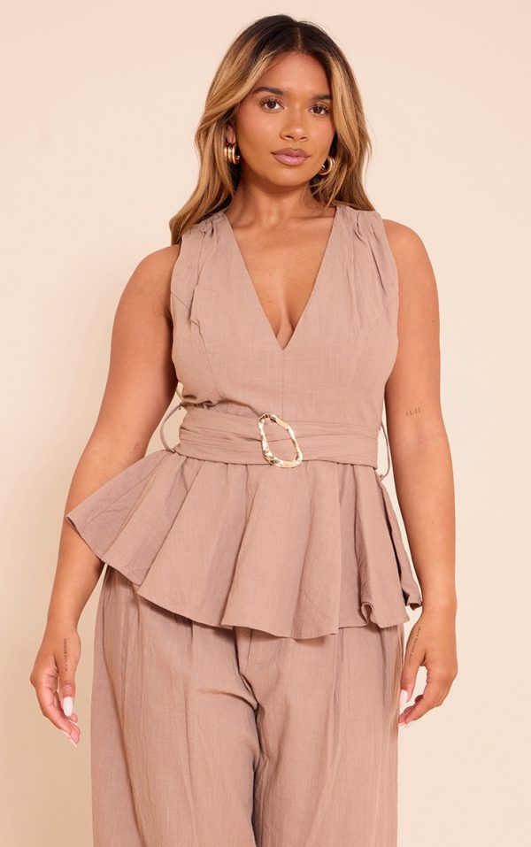 Shape Mocha Linen Gold Trim Belted Peplum Top