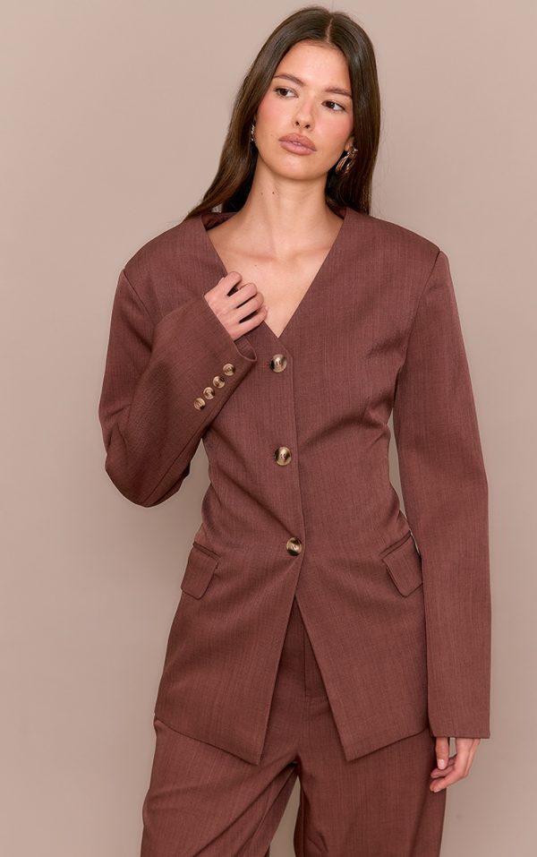 Chestnut Premium Tailored Collarless Button Up Fitted Blazer
