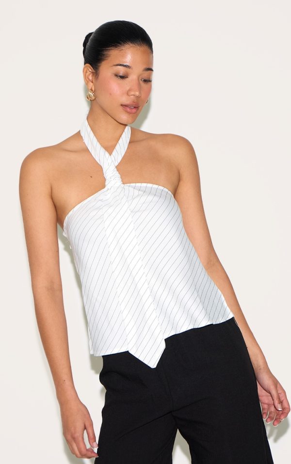 White Pinstripe Tie Detail Top