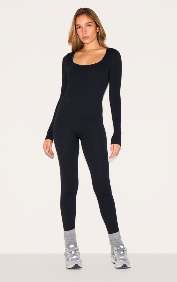 Black Snatched Rib Square Neck Long Sleeve Jumpsuit