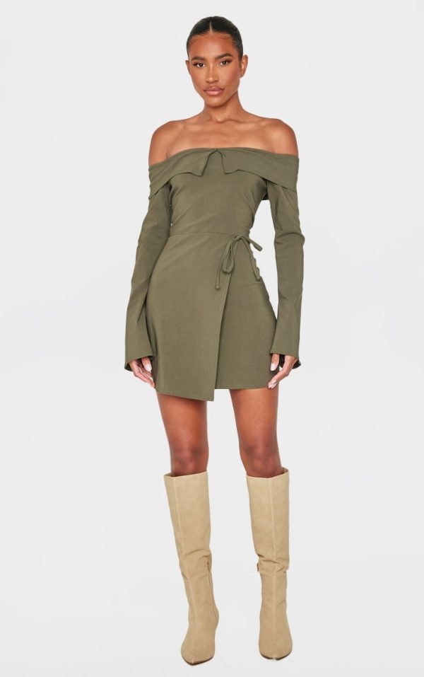 Khaki Stretch Woven Fold Bardot Wrap Dress