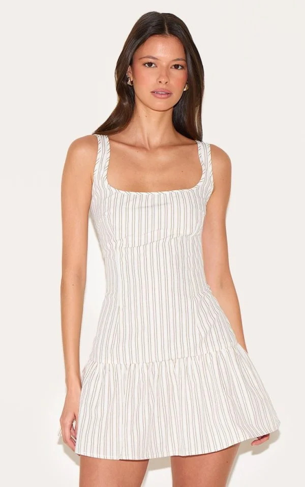 Stone Striped Sleeveless Straight Neck Shift Dress