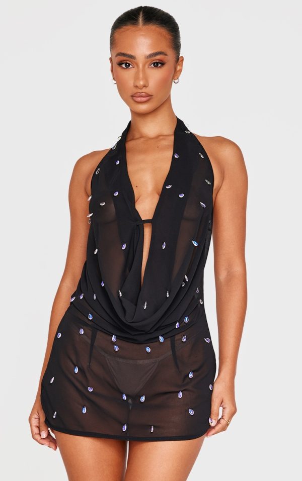 Petite Black Mesh Embellished Mini Dress