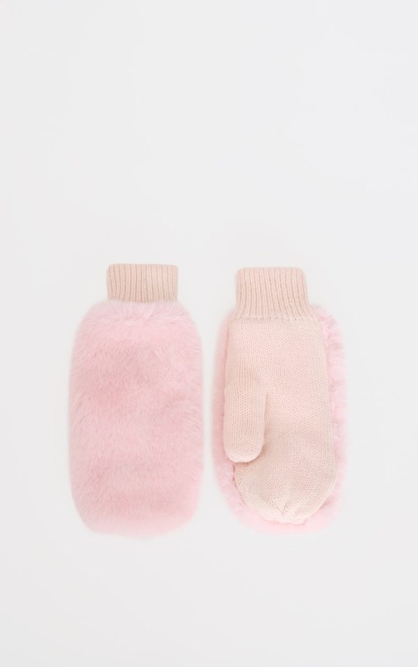 Pink Faux Fur Soft Knit Mittens