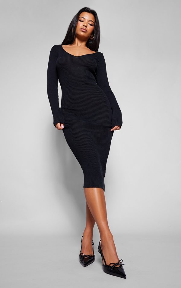 Black V Neck Knit Midi Dress