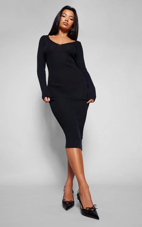 Black V Neck Knit Midi Dress