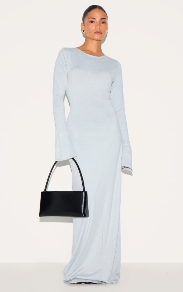 Petite Ash Grey Slinky Seam Detail Flared Sleeve Maxi Dress