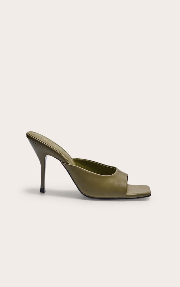 Olive PU Square Toe High Stiletto Heeled Mules