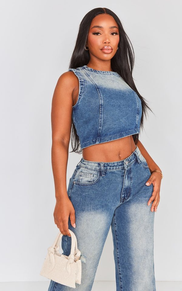 Shape Mid Blue Acid Wash Denim Washed Asymmetric Crop Top