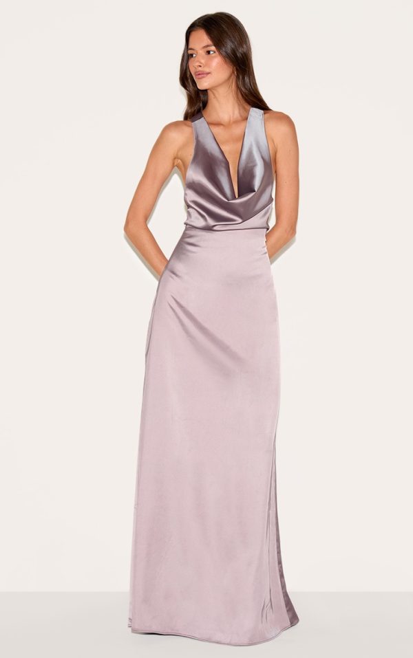 Mushroom Satin Cowl Neck Cross Back Maxi Dress