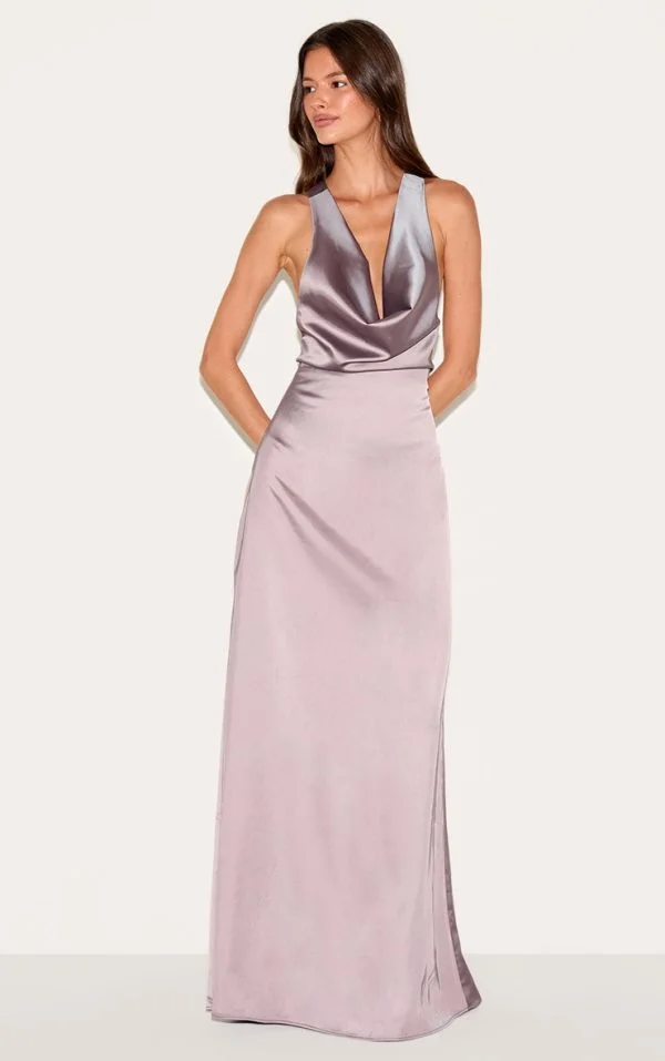 Mushroom Satin Cowl Neck Cross Back Maxi Dress