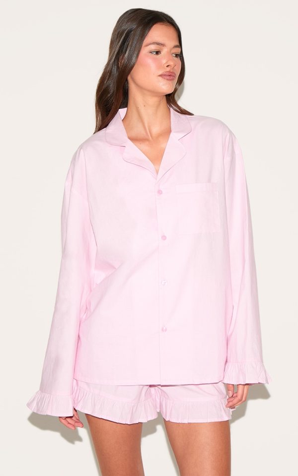 Baby Pink Cotton Poplin Frill Hem Short Pj Set