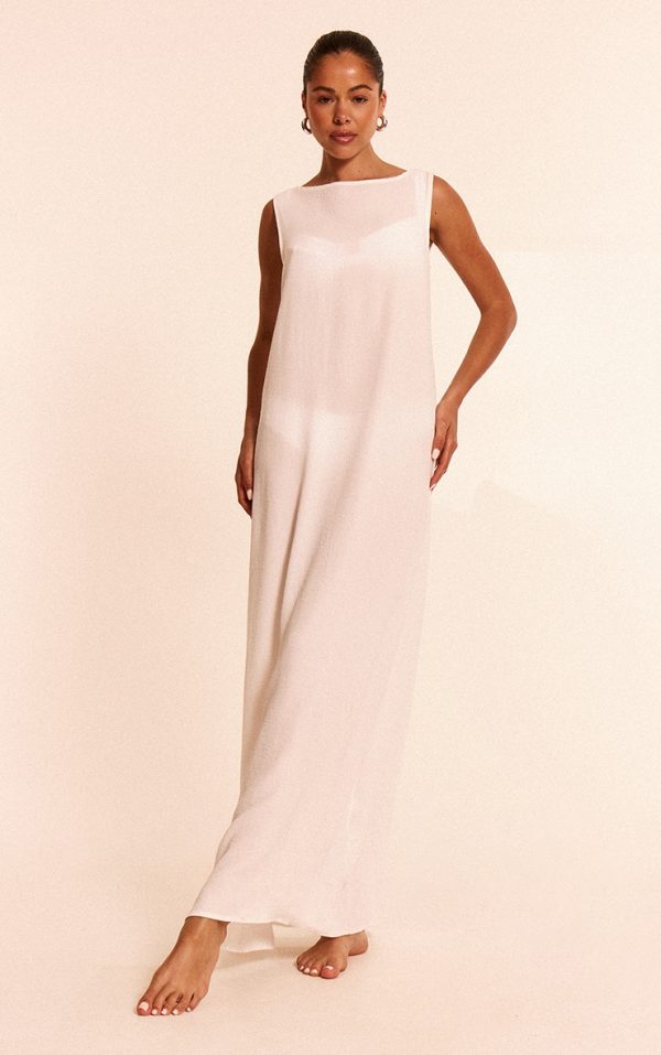White Floaty Woven Boat Neck Maxi Beach Dress