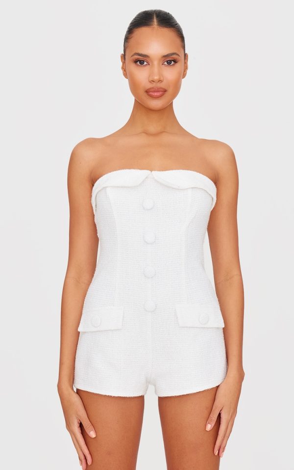 White Tweed Bandeau Button Detail Romper