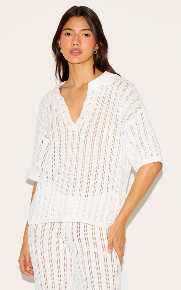 Cream Crochet Rugby Knit Top