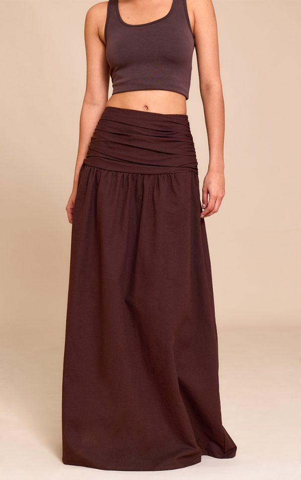 Dark Chocolate Cotton Ruched Waist Maxi Skirt