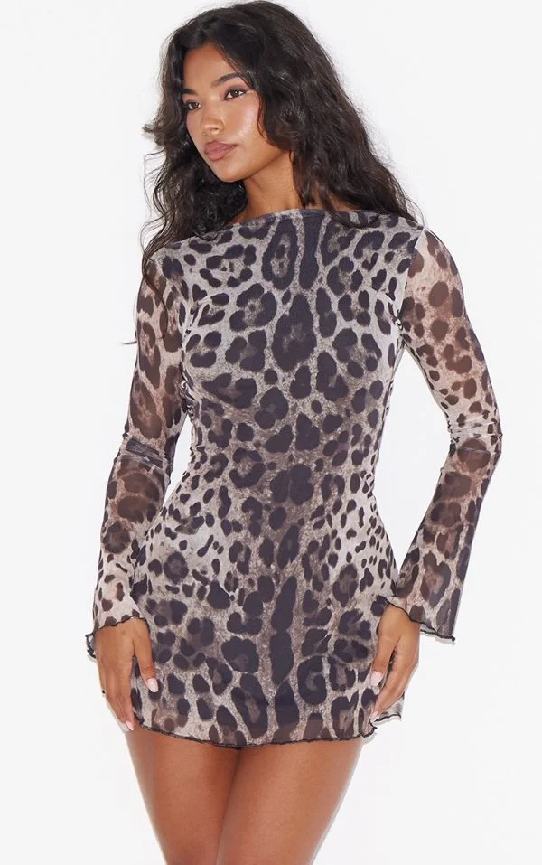 Leopard Mesh Long Sleeve Tie Back Shift Dress